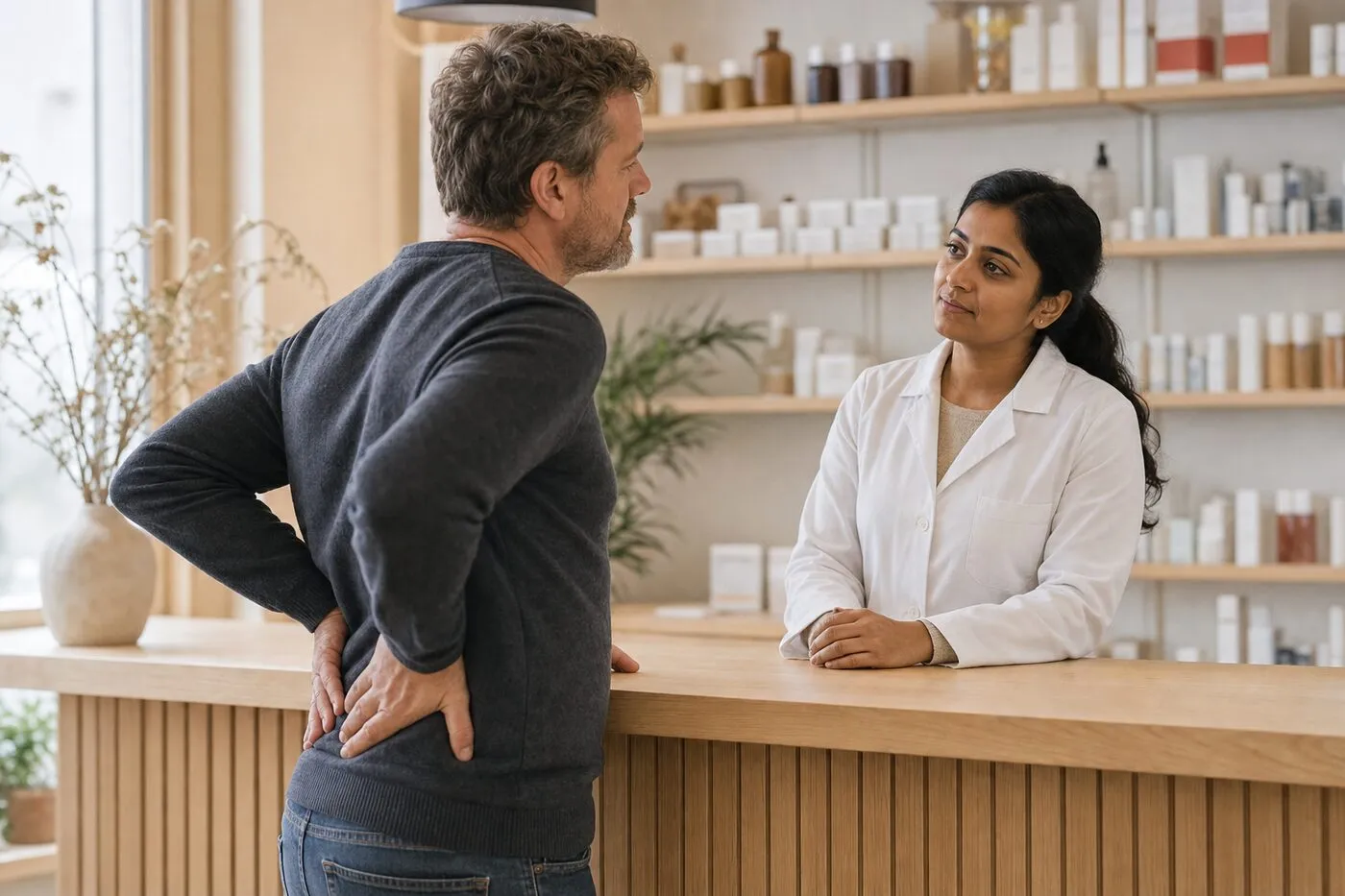 Ein Mann mit einer Hand im Rücken schildert einer Apothekerin am Tresen seine Beschwerden